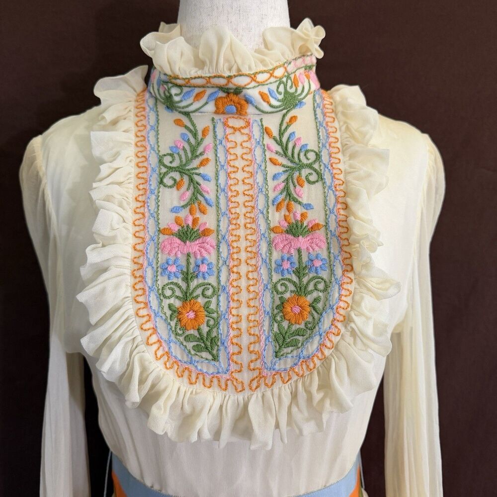 Vintage Prairie Maxi Dress S Embroidered Floral Sheer Sleeves Boho Cottagecore - Picture 2 of 13